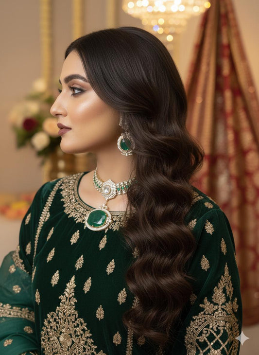 Emerald Green Polki Choker Necklace Set