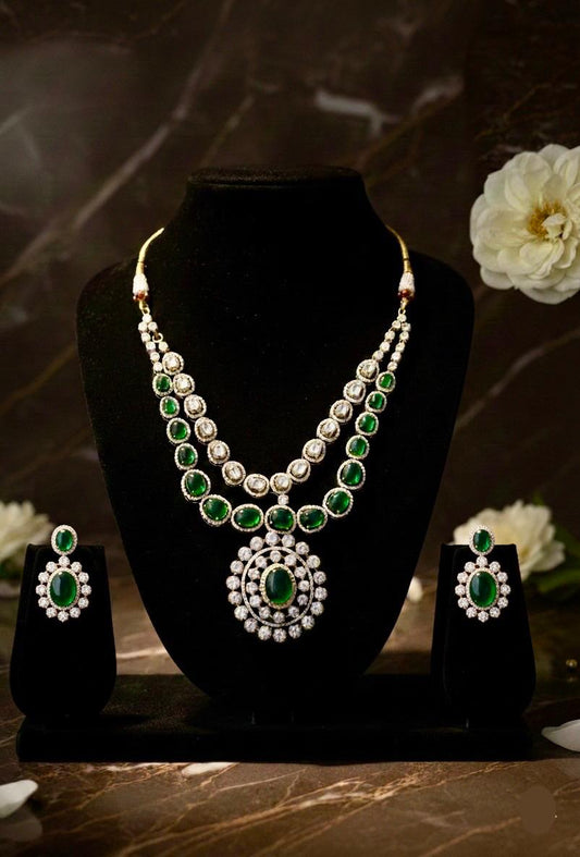 Emerald and Diamond Polki Layered Necklace Set